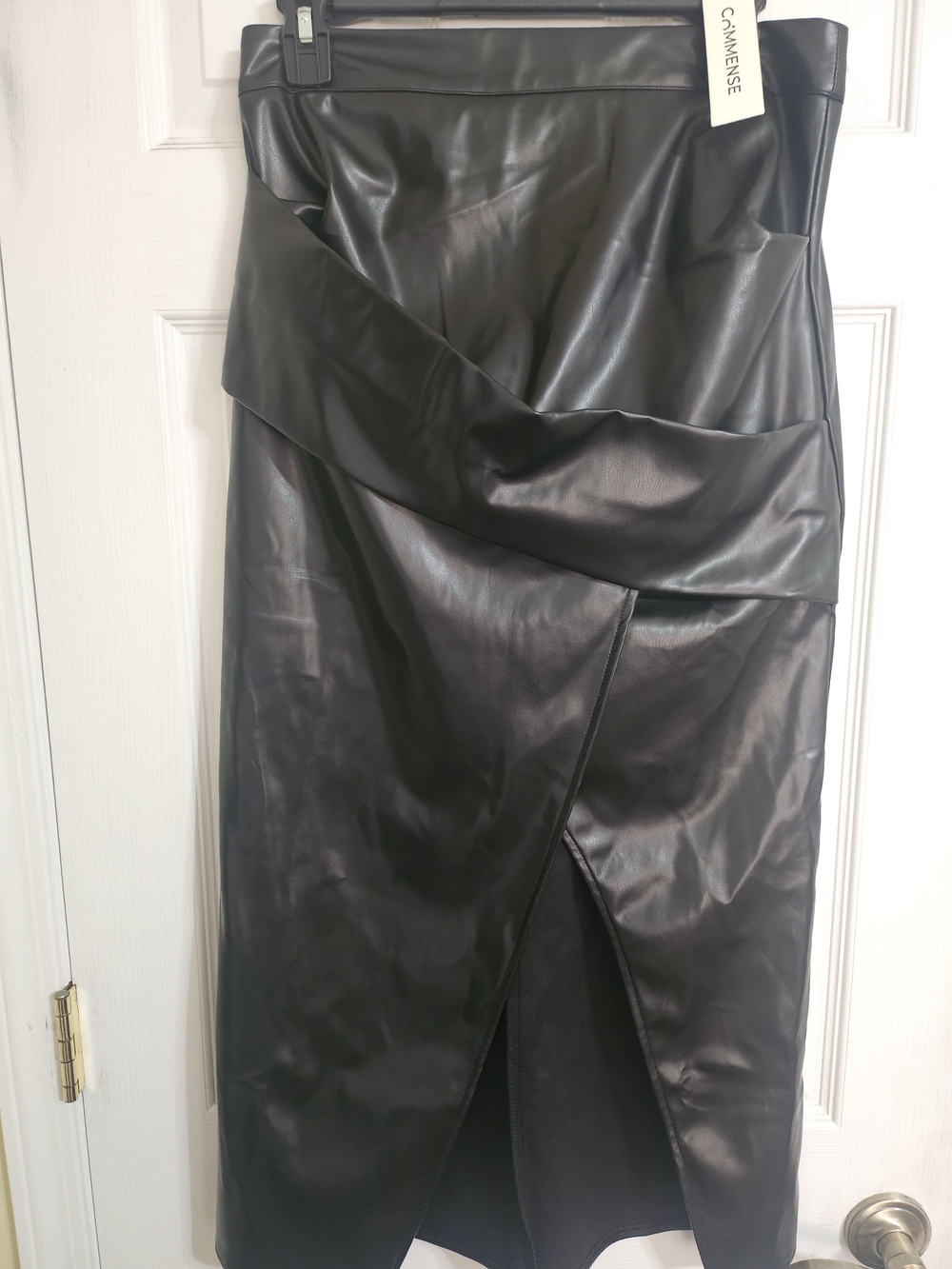Commense NWT  Black Faux Leather Draped Midi Skirt